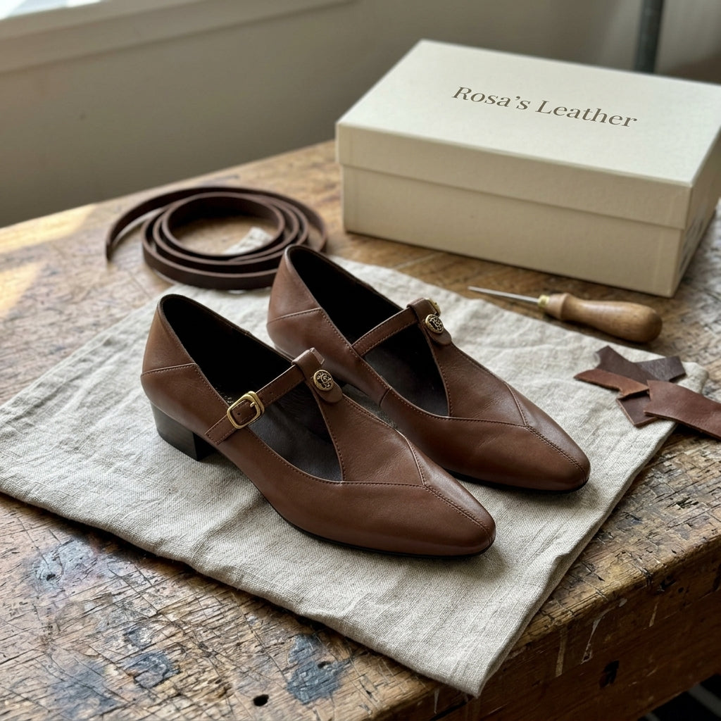 Rosa's Camelia T-Bar Leather Pumps