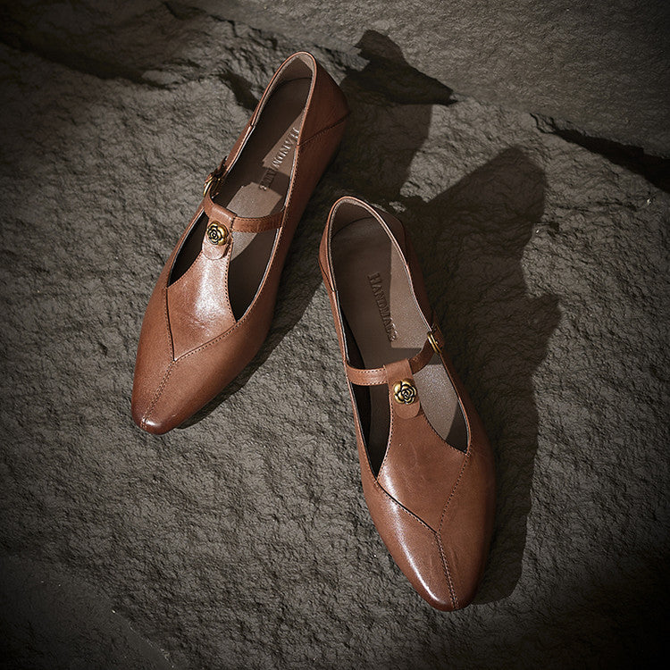 Rosa's Camelia T-Bar Leather Pumps