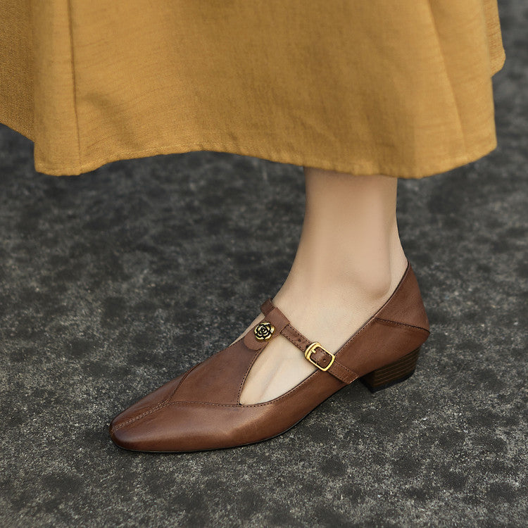 Rosa's Camelia T-Bar Leather Pumps