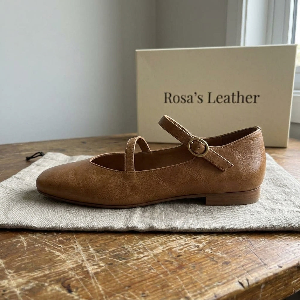 Rosa's Aurelle Strap Leather Mary Janes - Light Camel - side view