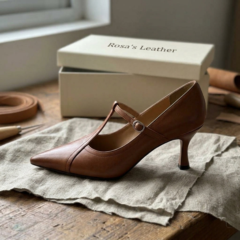 Rosa's Aveline T-Strap Leather Pumps - Chestnut Brown - side view