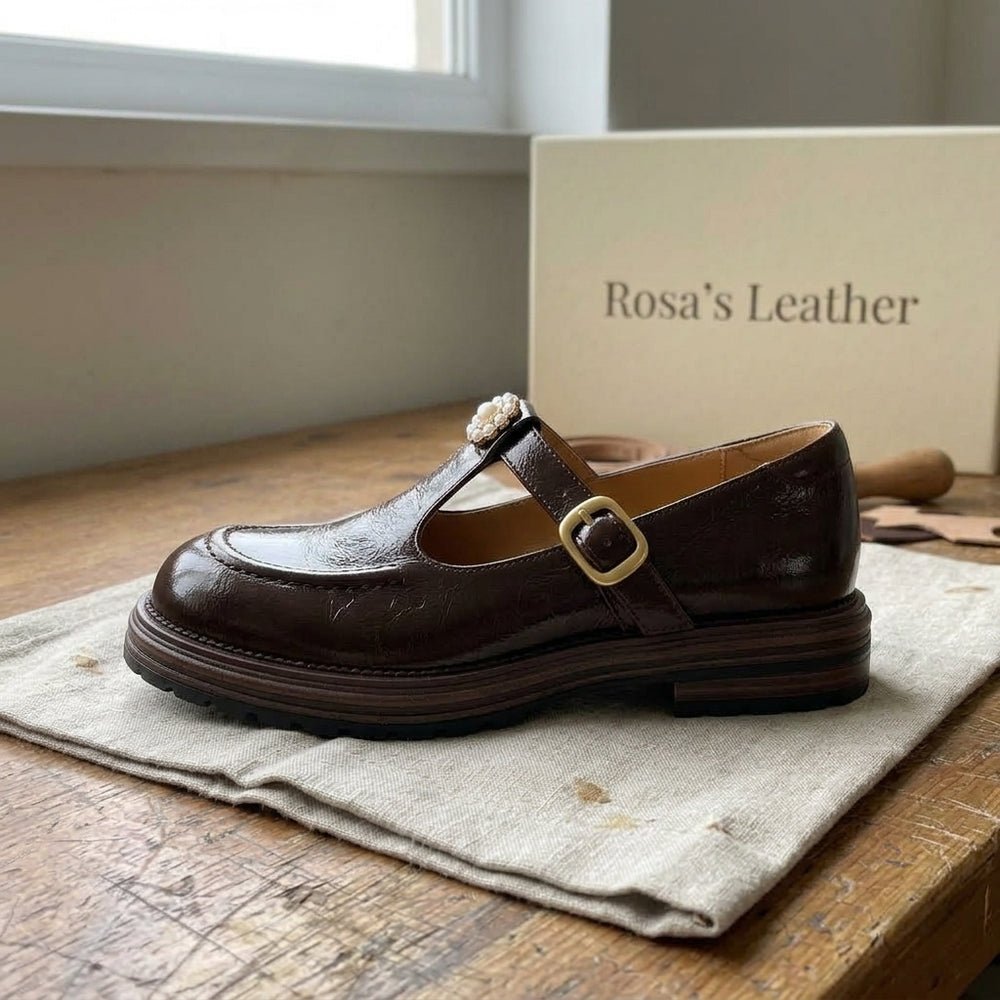 Rosa's Brinell Mary-Jane Leather Loafers - Chestnut Brown - side view