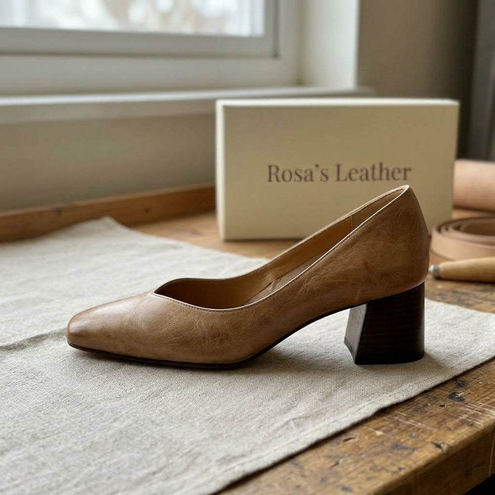 Rosa's Caldre Square Leather Pumps - Washed Sand - side view