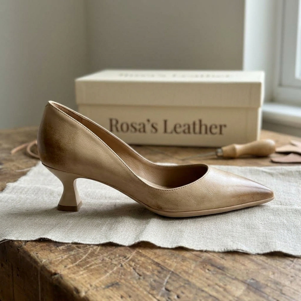 Rosa's Calenne Leather Kitten Heels - Almond Beige - side view