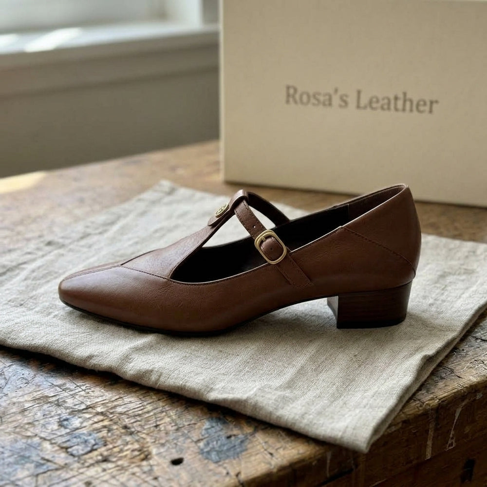 Rosa's Camelia Classic T-Bar Leather Pumps - Chestnut Brown - side view
