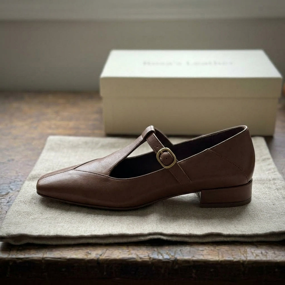 Rosa's Camelia T-Bar Leather Pumps - Chestnut Brown - side view