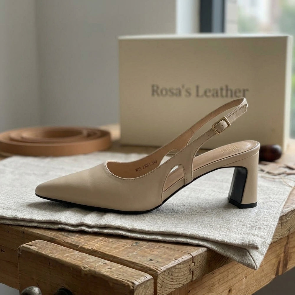 Rosa's Cielle Slingback Leather Heels - Sandstone Beige - side view