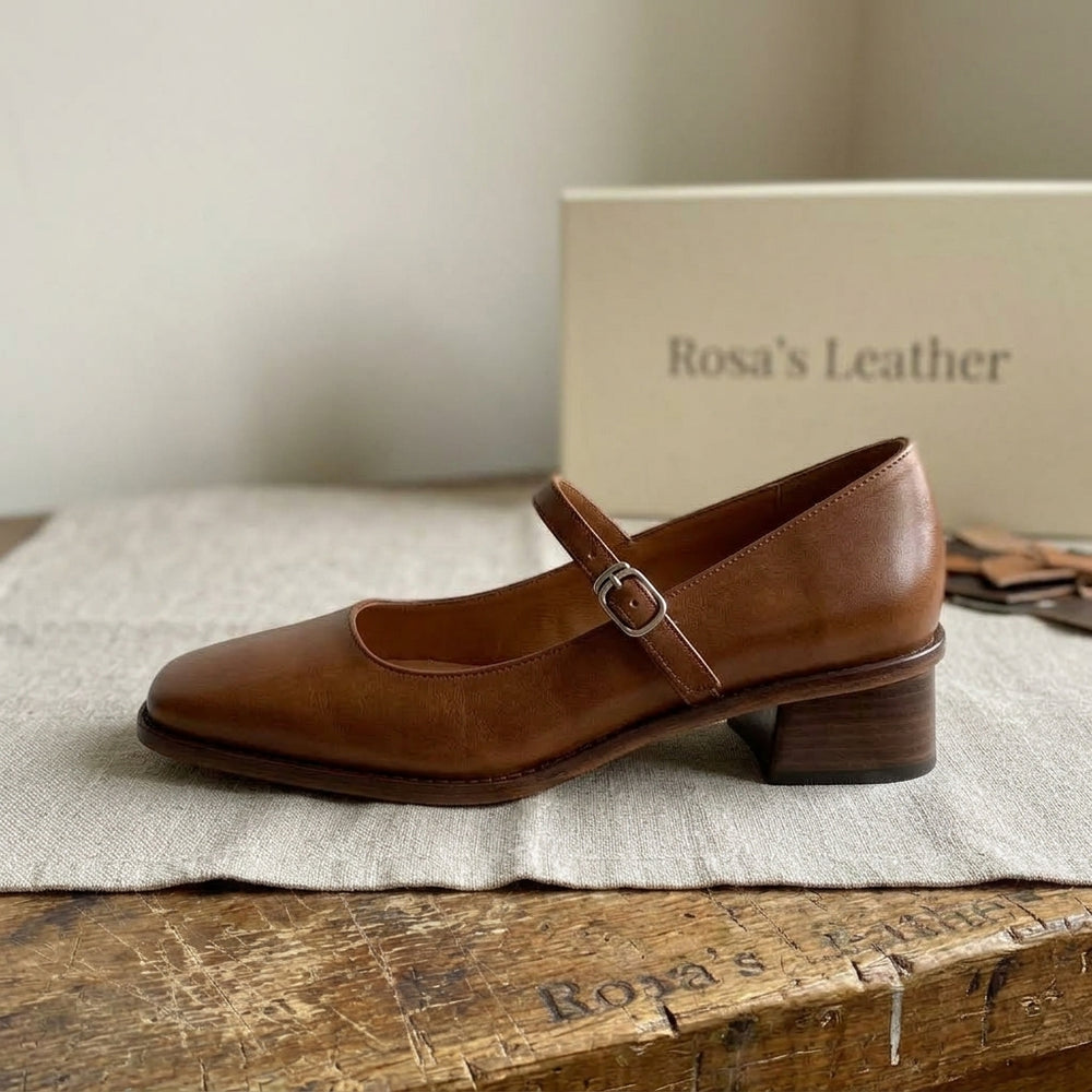 Rosa's Cirelle Strap Leather Mary Jane Heels - Chestnut Brown - side view