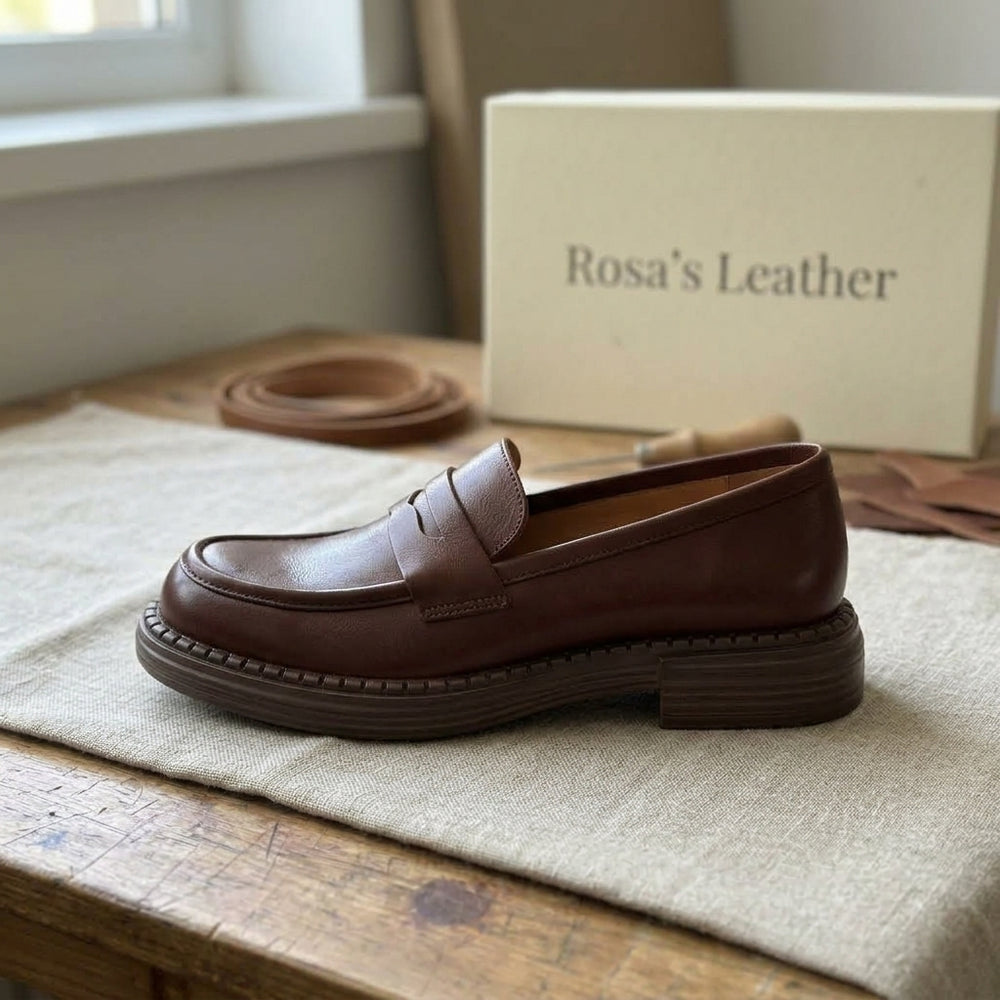 Rosa's Demeris Round-Toe Leather Loafers - Roasted Chestnut - side view