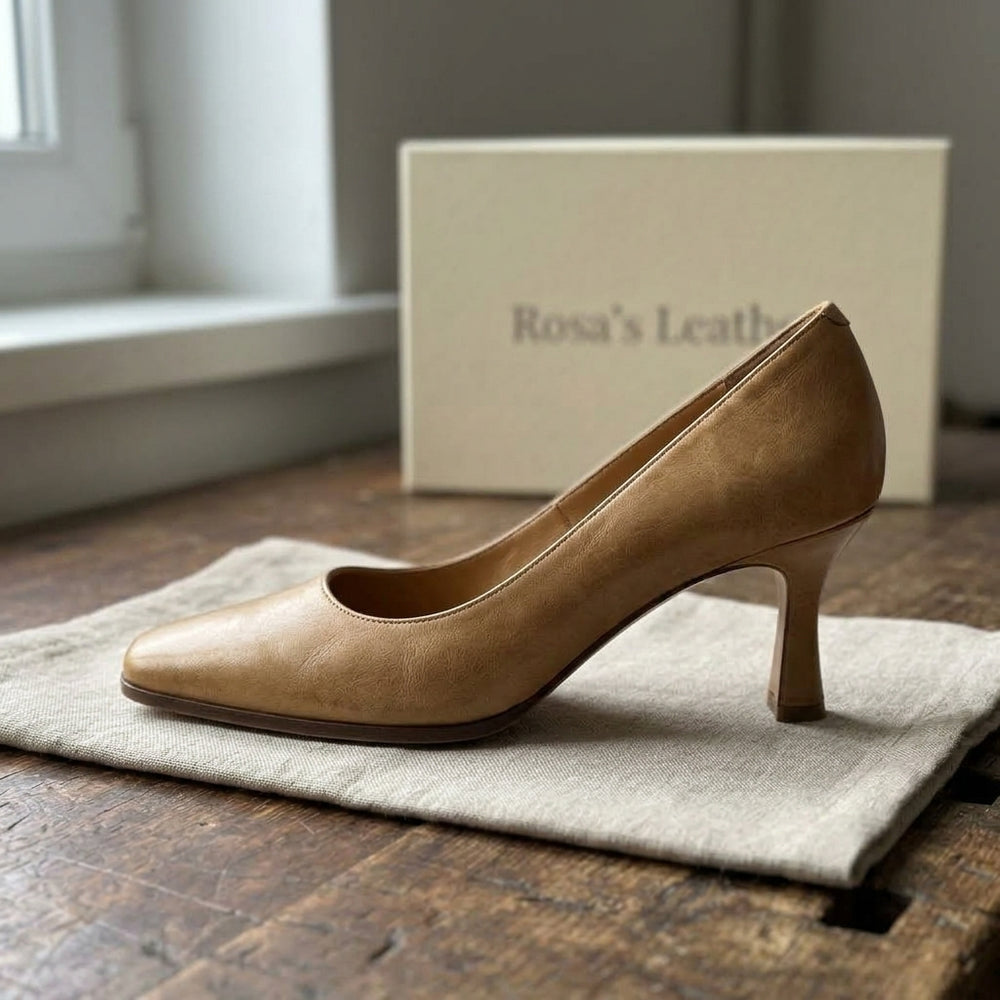 Rosa's Elenya Leather Flats - Sandstone Beige - side view