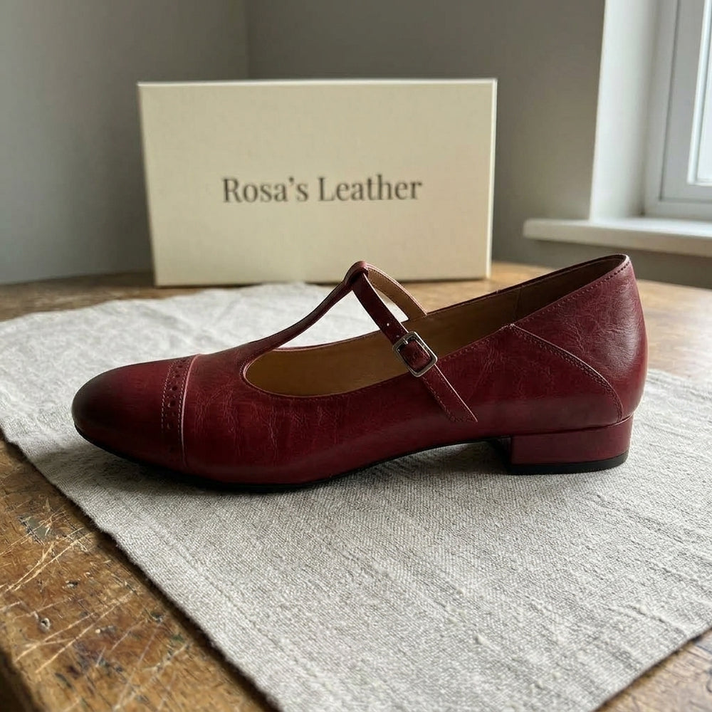 Rosa's Esmira T-Strap Leather Mary Janes - Maroon Red - side view
