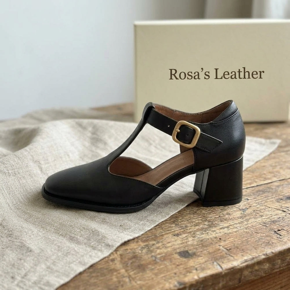 Rosa's Marcele T-Strap Leather Pumps - Onyx Noir - side view