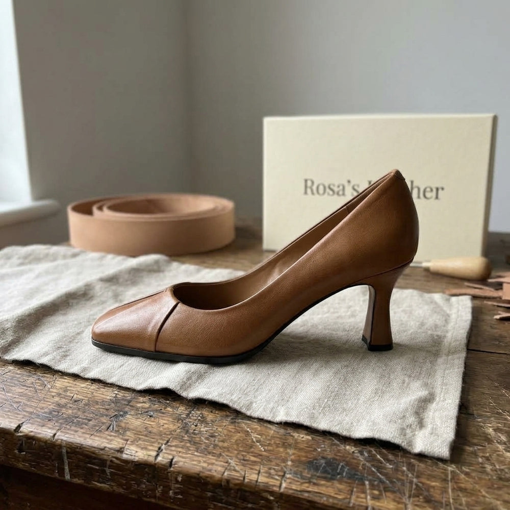 Rosa's Marisol Square-Toe Leather Pumps - Cognac - side view