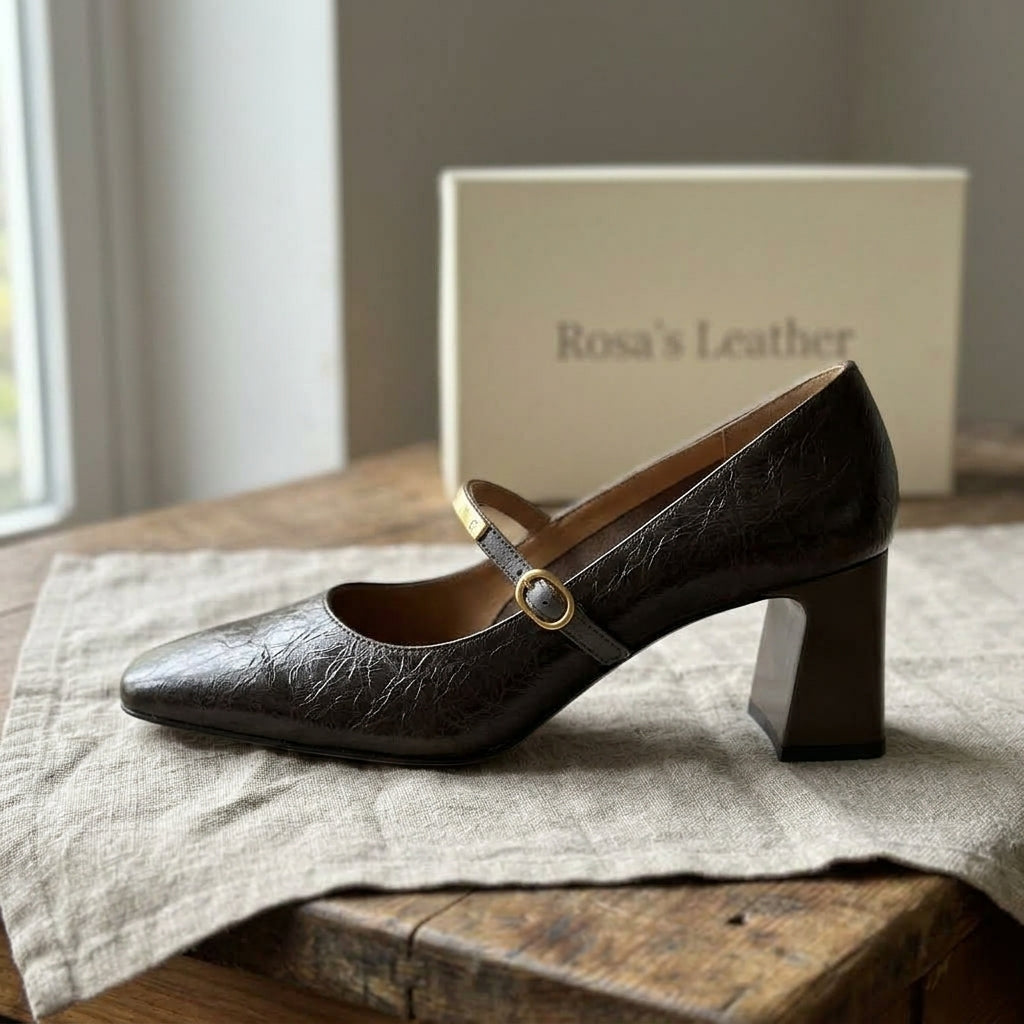Rosa's Marleon Classic Strap Leather Pumps - Espresso Brown - side view