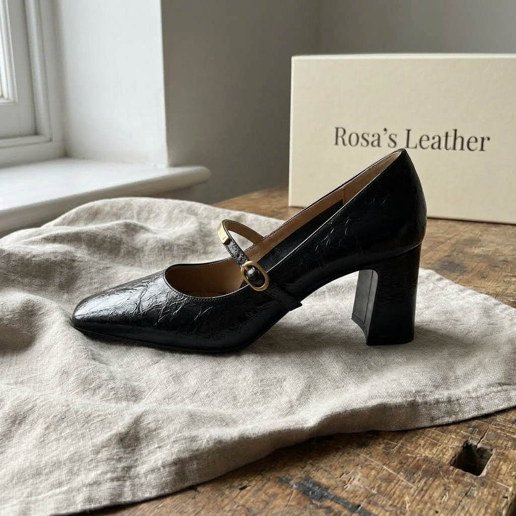 Rosa's Marleon Classic Strap Leather Pumps - Onyx Black - side view
