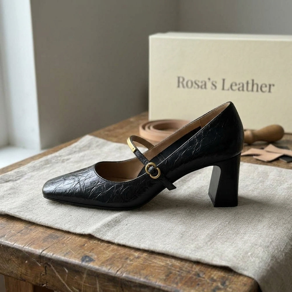 Rosa's Marleon Strap Leather Pumps - Onyx Black - side view