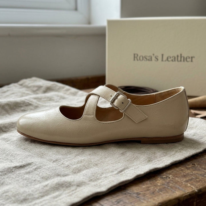 Rosa's Morven Cross-Strap Leather Flats - Cream Beige - side view