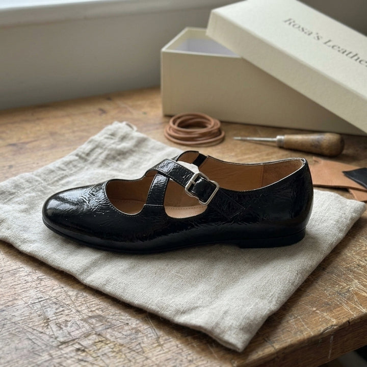 Rosa's Morven Cross-Strap Leather Flats - Onyx Black - side view