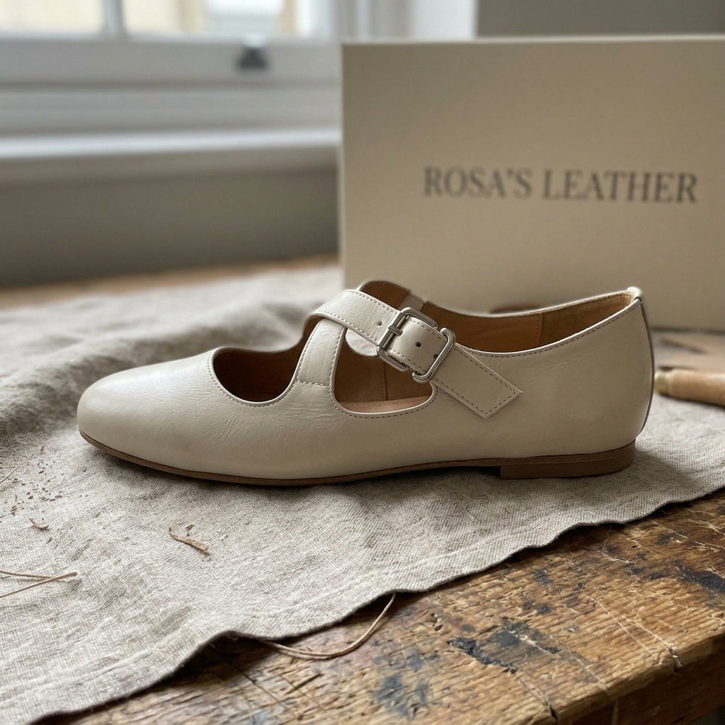 Rosa's Morven Cross-Strap Leather Flats - Soft White - side view