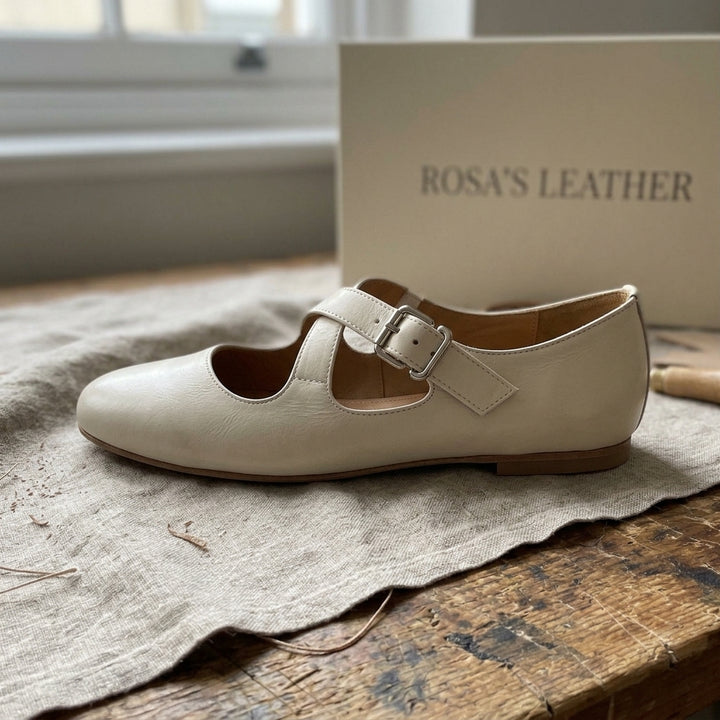 Rosa's Morven Cross-Strap Leather Flats - Soft White - side view