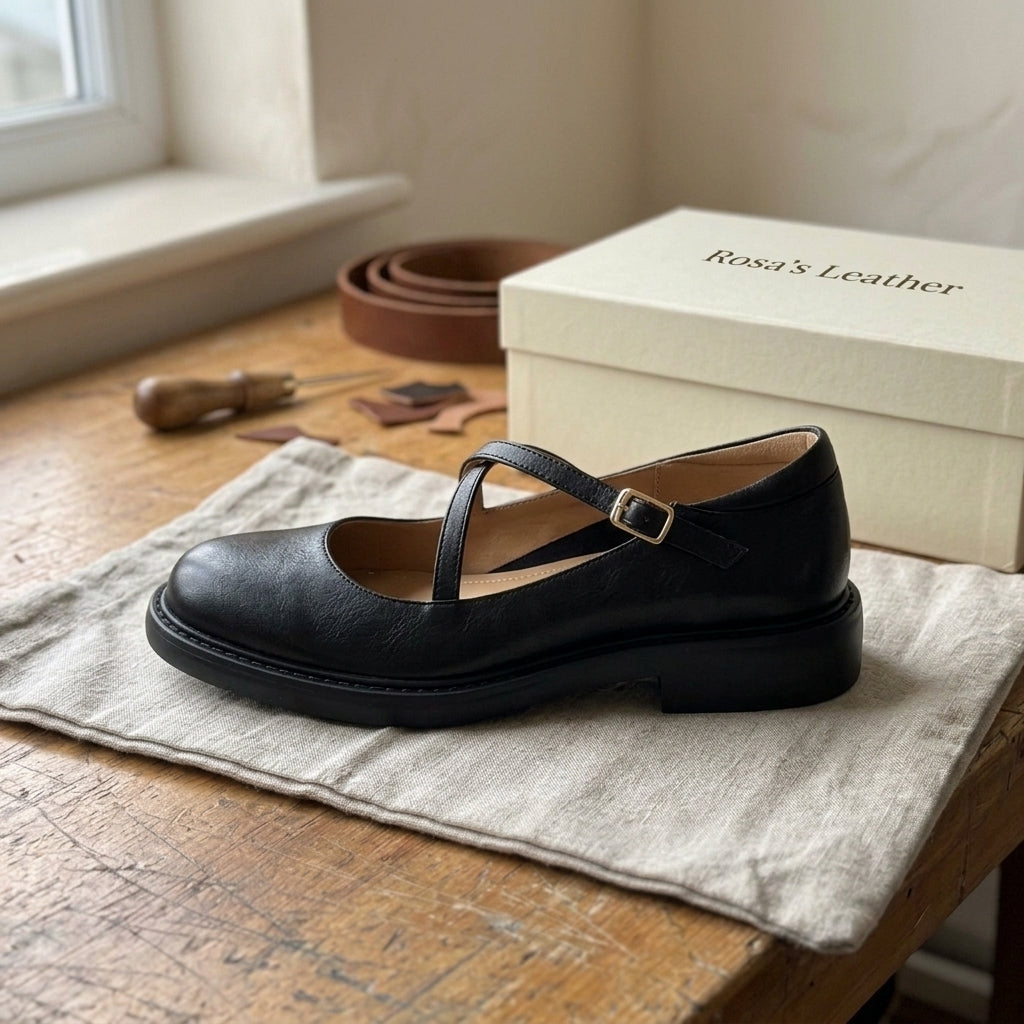 Rosa's Ruelle Leather Mary Janes - Onyx Noir - side view