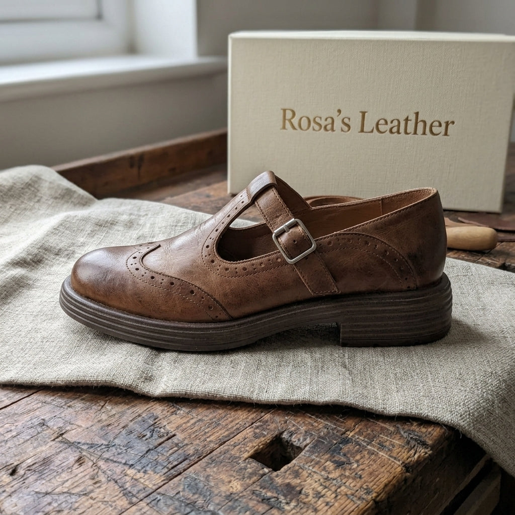 Rosa's Veloria Leather Mary Janes - Cognac Brown - side view